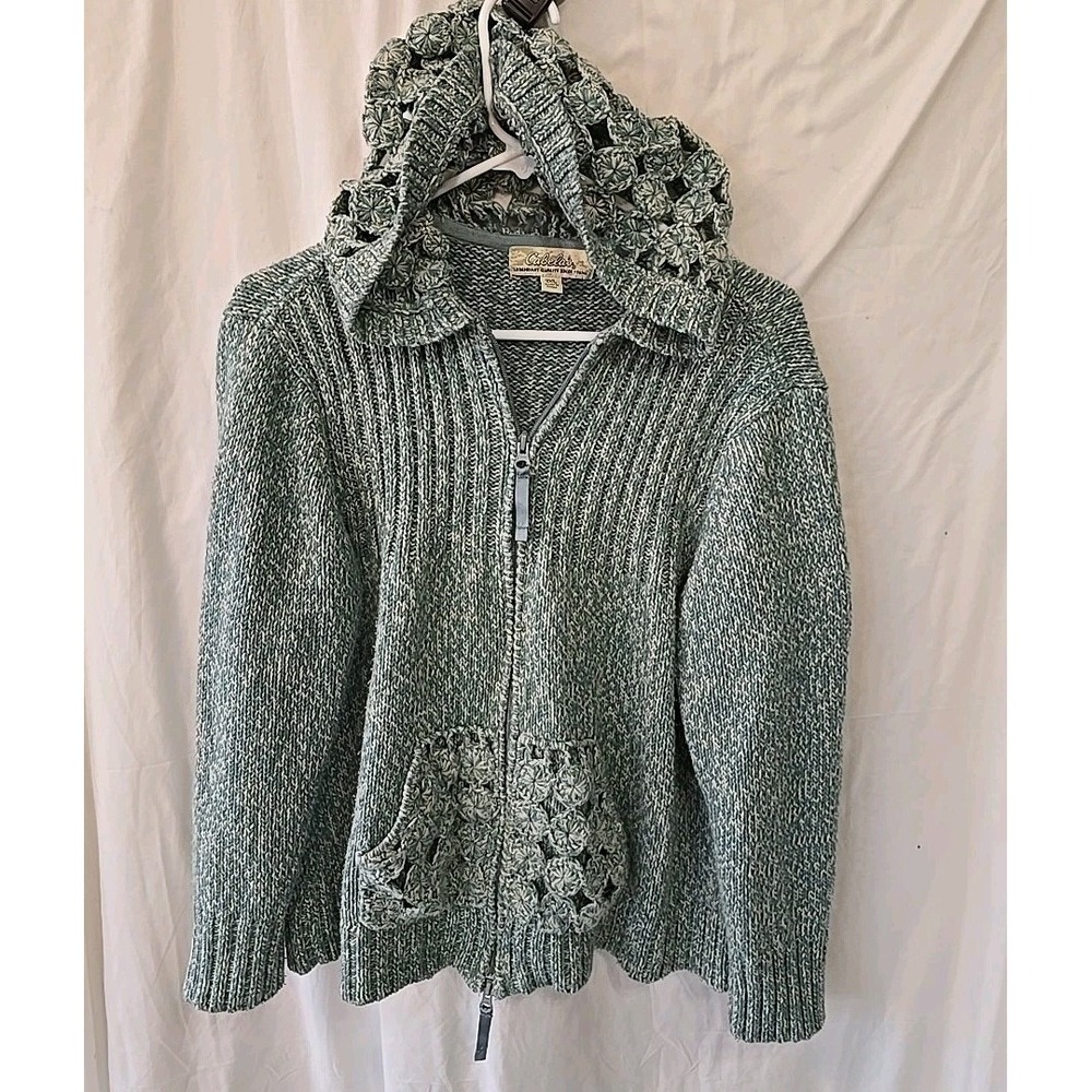 Cabela's Marled Crochet Yo Yo Circle Hood Pockets Full-zip Sweater Green 2XL